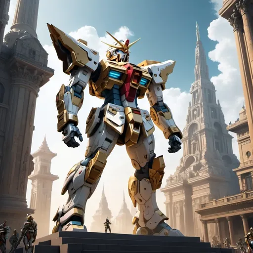 Prompt: Gundam Reconquista with sleek armor and roman design with a hint of elven style 