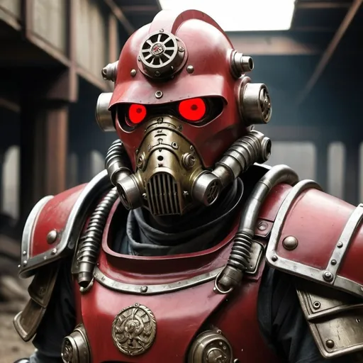 Prompt: Dieselpunk fallout power armor with roman design with a crimson hooded helmet 