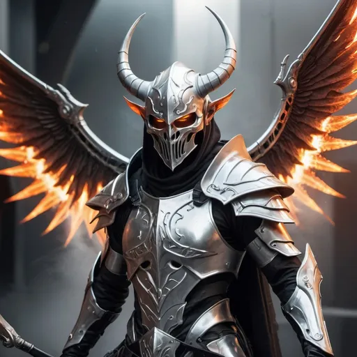 Prompt: Badass sci-fi elf soldier with horns and scythe in silver armor with hooded masked helmet and blazing wings of energy