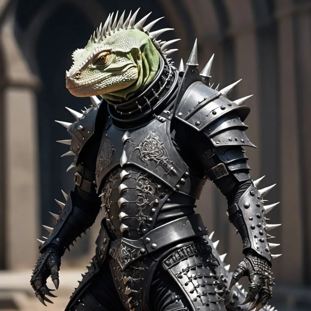 Prompt: Sci-fi lizard man with spiked tail and gothic design combat armor 