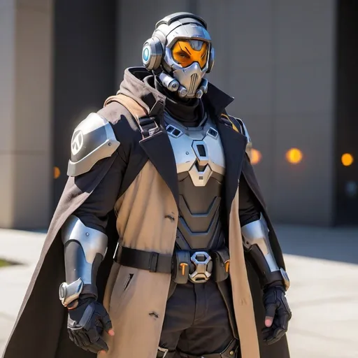 Prompt: Male overwatch soldier with Knight helmet in black and has a trench coat with a cape on the left shoulder 