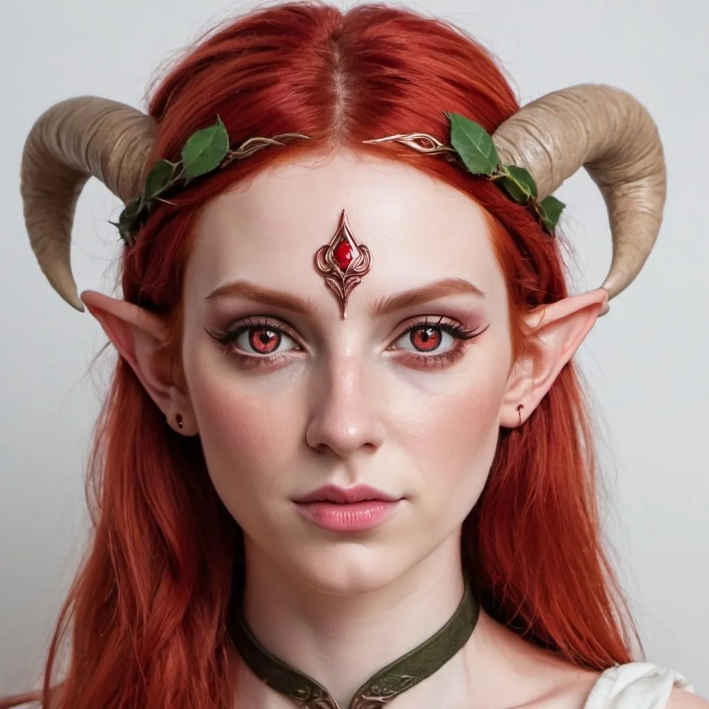 Prompt: Elf woman with horns and red hair and rose colored eyes 