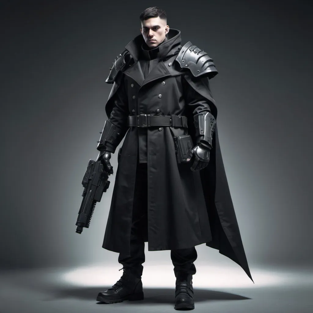 Prompt: Sci-fi soldier in power armor with a shoulder cape and trench coat with gothic design in black 