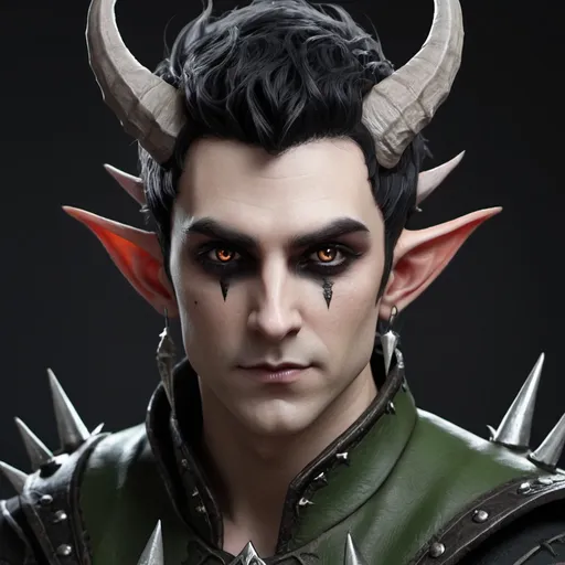 Prompt: Male elf with demon horns and pitch black eyes and spiked hair 