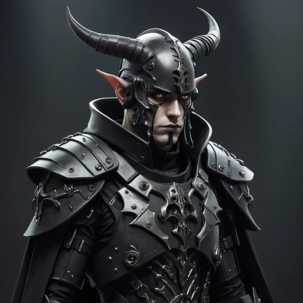 Prompt: Sci-fi soldier with gothic design that has a shoulder cape and horns