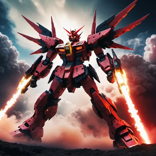 Prompt: Devil gundam mech with wings of red and black energy blazing like the sun