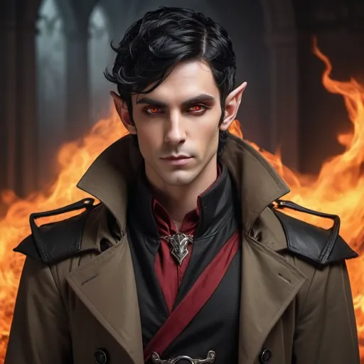 Prompt: Elf male with horns and black hair with red highlights, with a fine toned jawline and has a trench coat with a shoulder cape with gothic design that has fiery amber eyes 