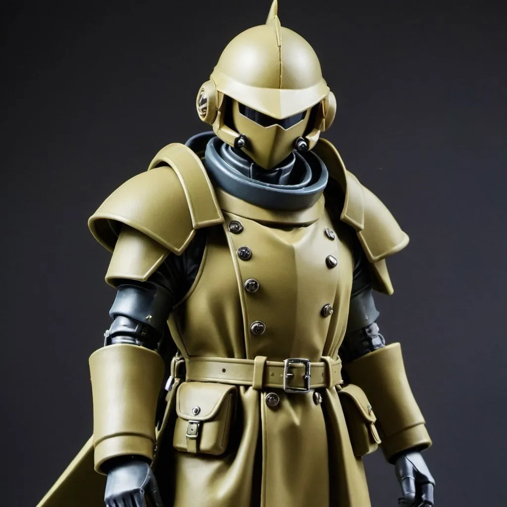 Prompt: Zeon soldier in trench coat with Knight helmet 