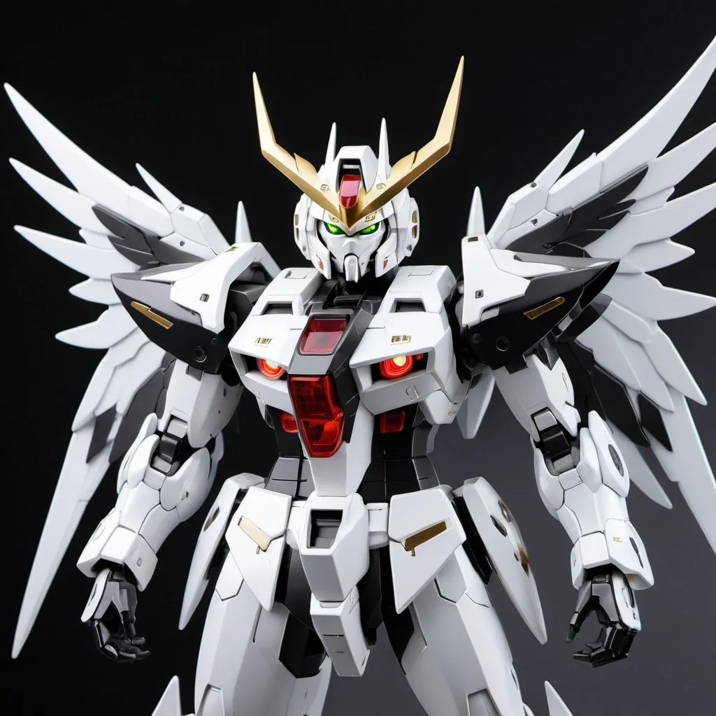 Prompt: Gundam devil with energy wings in silver and white and black with halo