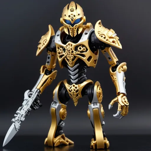 Prompt: Sci-fi Bionicle soldier with gothic design in gold and silver 