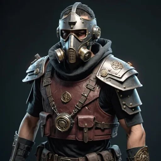 Prompt: Cyberpunk mercenary with roman design and has shoulder cape wearing a Knight helmet with gas mask