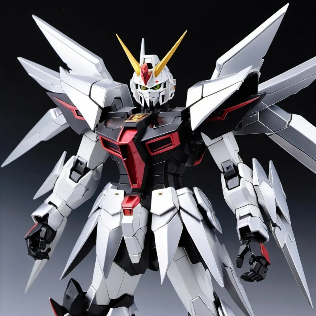 Prompt: Silver devil gundam with black energy wings 