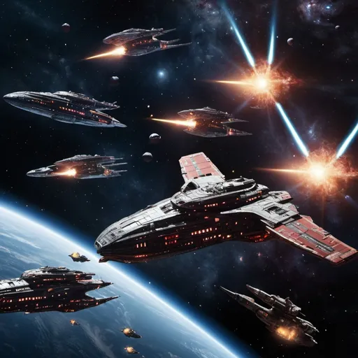 Prompt: Fleet of space ships battling over a galaxy 