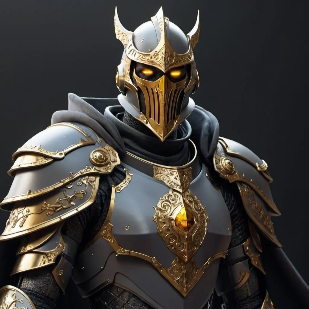 Prompt: Sci-fi Knight with gold eyes and has a shoulder cape 
