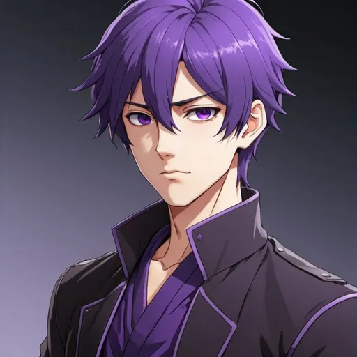 Prompt: Anime male protagonist with purple and black hair