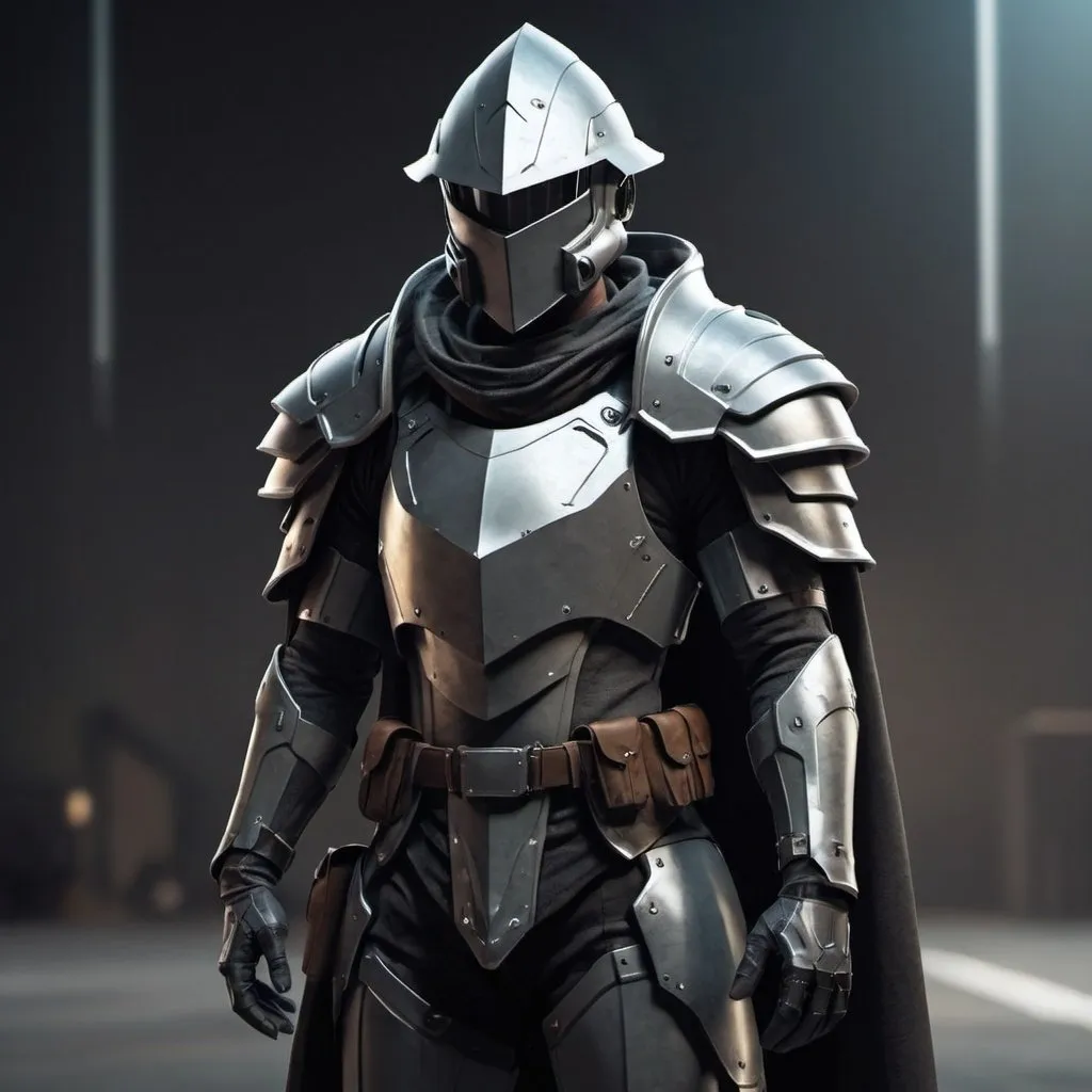 Prompt: Sci-fi soldier with shoulder cape and Knight helmet 