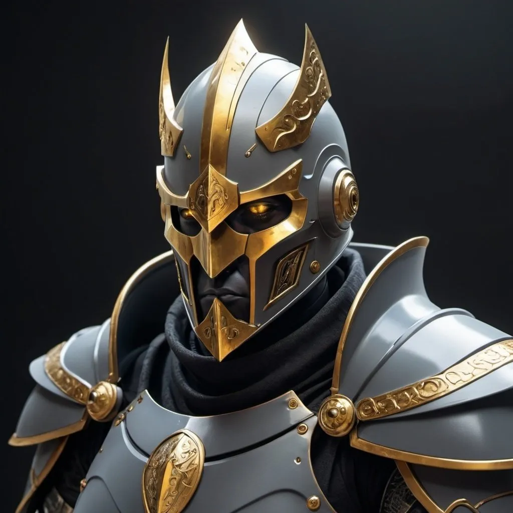 Prompt: Sci-fi Knight with gold eyes and has a shoulder cape 