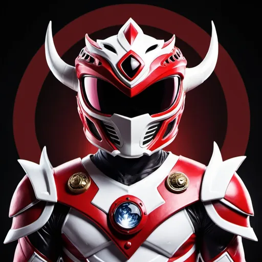 Prompt: Power ranger with dragon helm in a white and red color scheme with a moon in the middle of the chest 