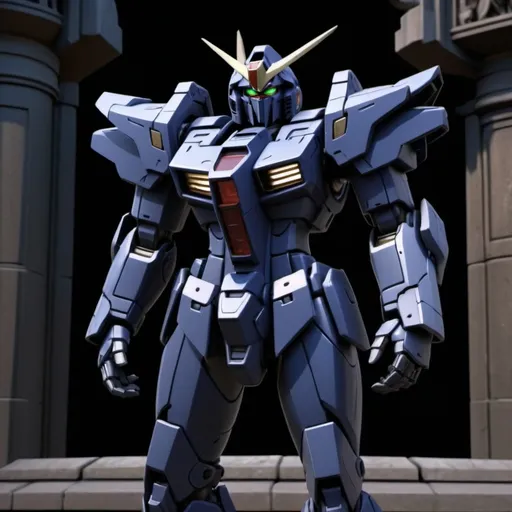 Prompt: Gundam Alus with sleek armor and roman design with a hint of elven style in raven color 