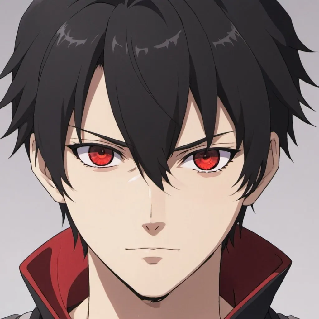 Prompt: Male Anime protagonist with black hair and scarlet eyes 