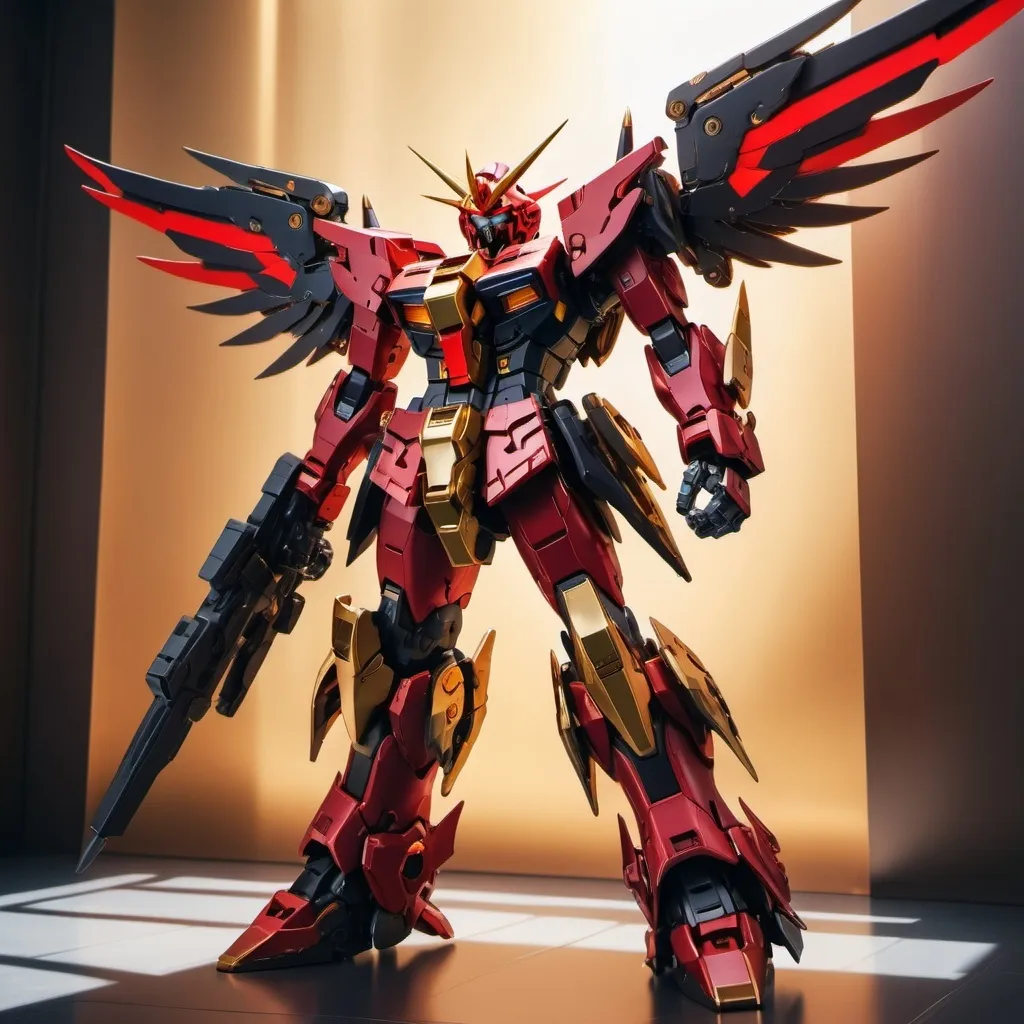 Prompt: (Devil gundam mech), impressive (red and black blazing energy wings), (dynamic action pose), intricate mechanical design, high-tech details, illuminated with (golden sunlight radiance), dramatic shadows enhancing the powerful presence, futuristic backdrop, intense atmosphere, awe-inspiring, ultra-detailed, 4K quality, visually striking composition.