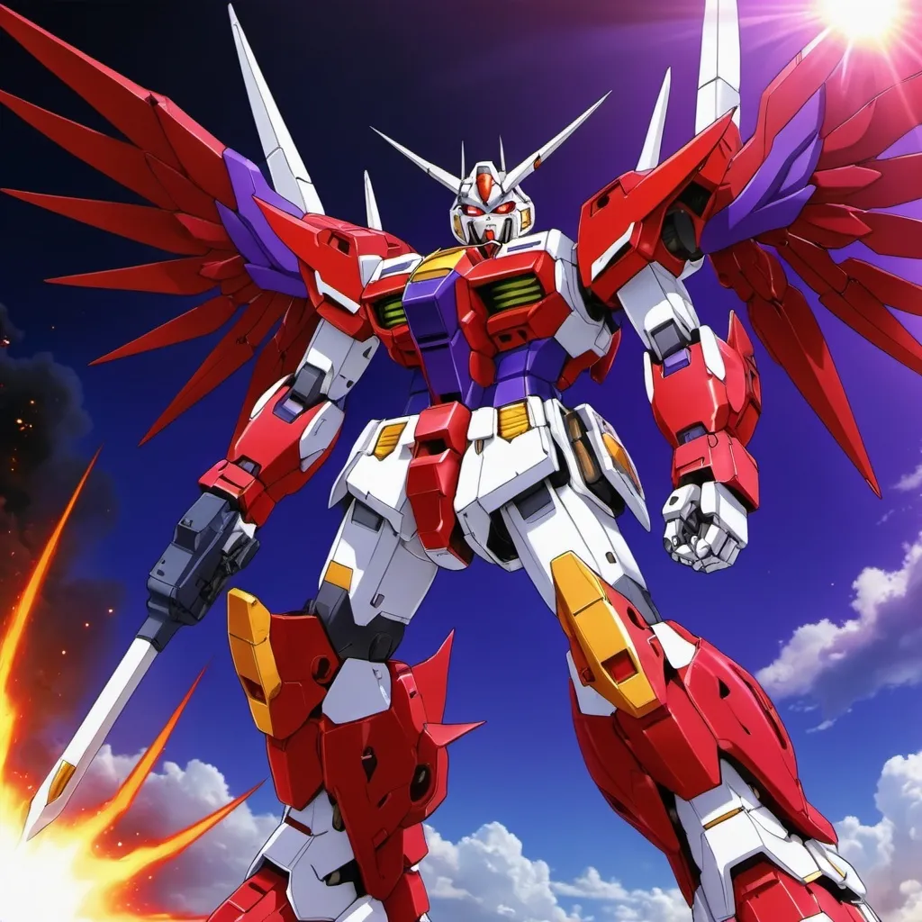 Prompt: Devil gundam mech with wings of red and purple energy blazing like the sun