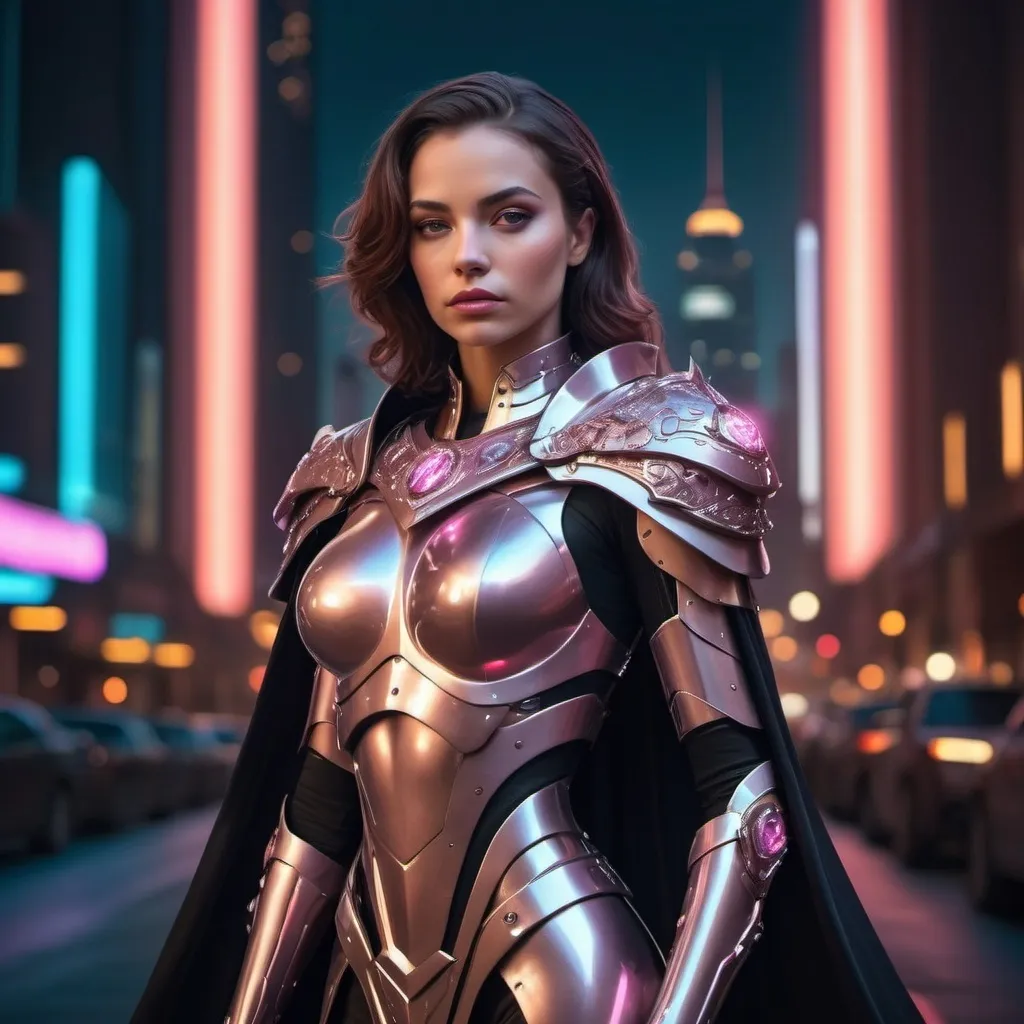 Prompt: Sci-fi female queen with power armor and a rose shoulder cape 