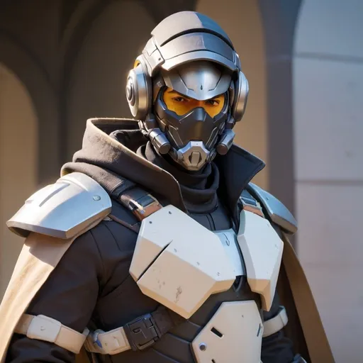 Prompt: Male overwatch soldier with Knight helmet in black and has a trench coat with a cape on the left shoulder 