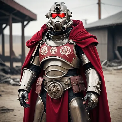 Prompt: Dieselpunk fallout power armor with roman design with a crimson shoulder cape and crimson hooded helmet 