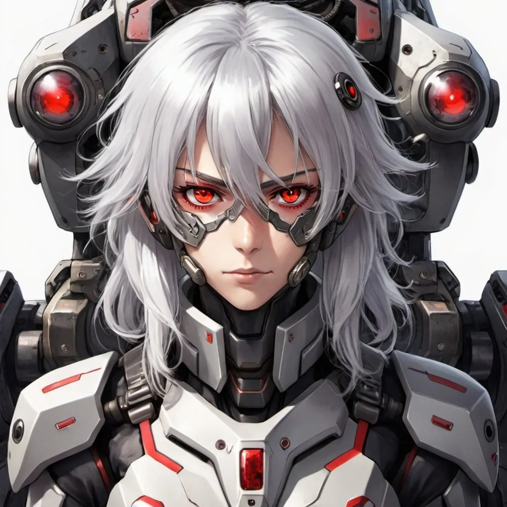 Prompt: Anime mech pilot with red eyes and silver hair 