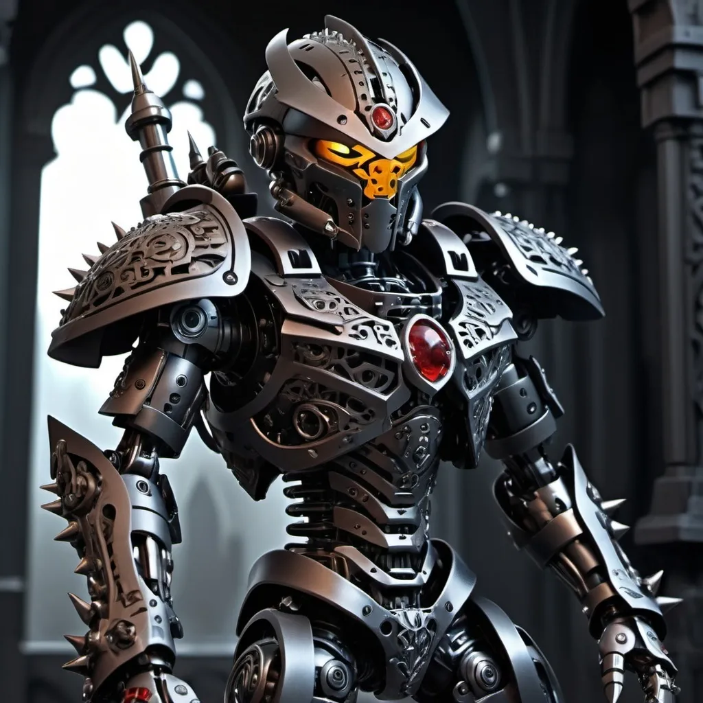 Prompt: Sci-fi Bionicle soldier with gothic design 