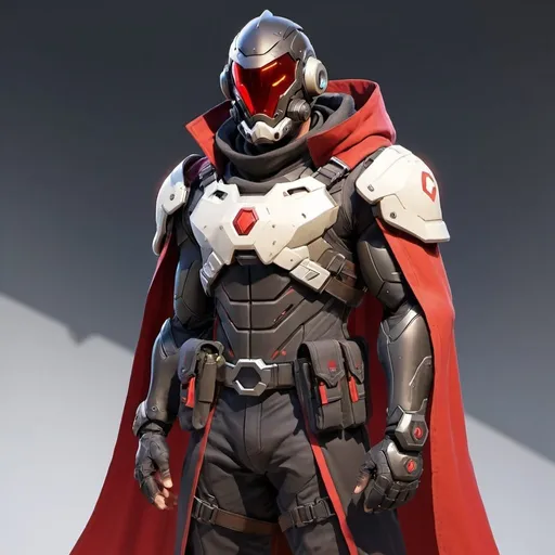 Prompt: Male overwatch soldier with Knight helmet in black and has a trench coat with a cape on the left shoulder in red