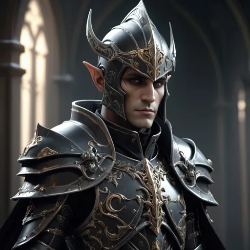 Prompt: Sci-fi male elf with Warhammer 40k armor design and shoulder cape with a sleek motif but also has a gothic design and has on an Knight helmet  