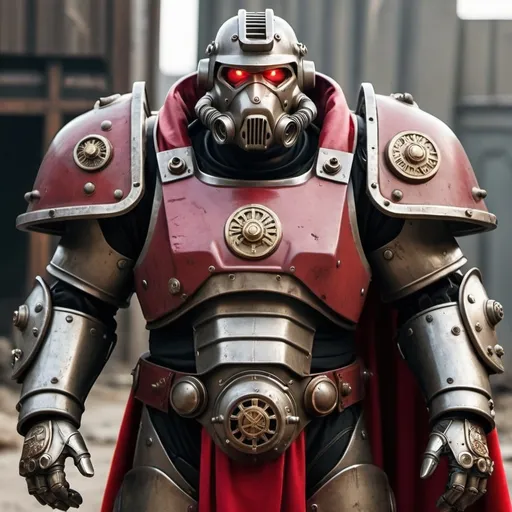 Prompt: Dieselpunk bulky fallout power armor with roman design with a crimson shoulder cape and crimson hooded helmet 