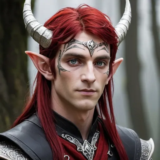 Prompt: Horned Elven male with red and black hair with silver eyes 