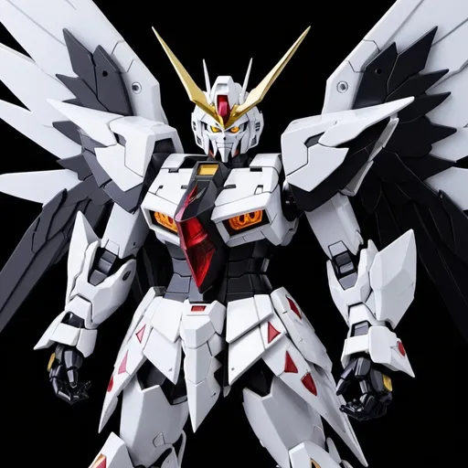Prompt: Silver devil gundam with black energy wings 