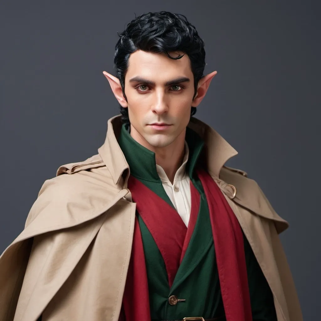 Prompt: Elf male with horns and black hair with red highlights, with a fine toned jawline and has a trench coat with a shoulder cape