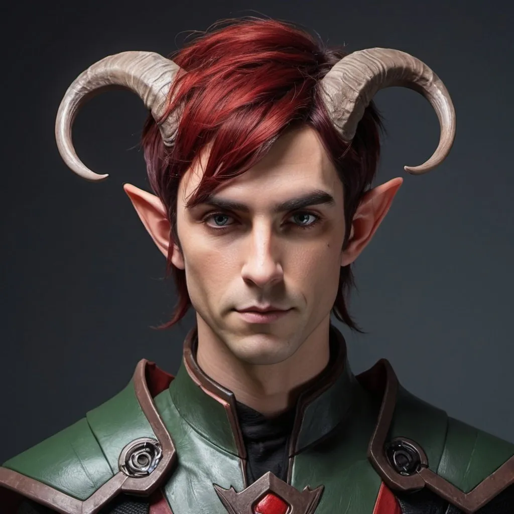 Prompt: Male elf Sci-fi protagonist with horns and red and black hair 