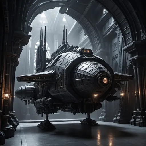 Prompt: Sci-fi dropship with gothic design 