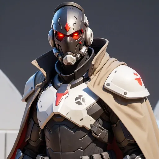 Prompt: Male overwatch soldier with Knight helmet in black and has a trench coat with a cape on the left shoulder and red eyes 