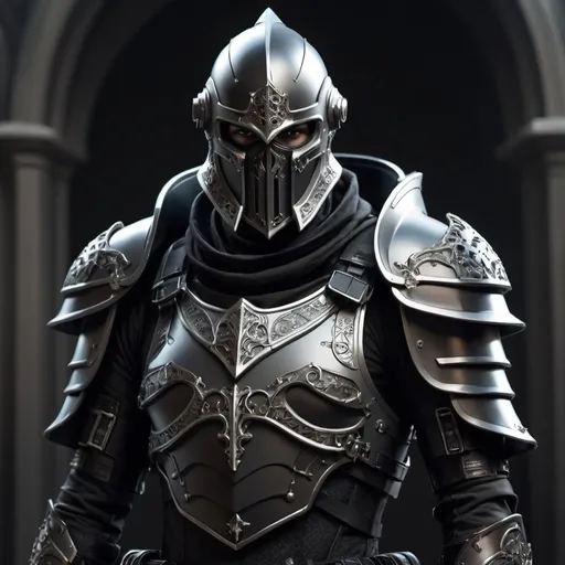 Prompt: Sci-fi soldier with gothic design that has a shoulder cape and Knight helmet 