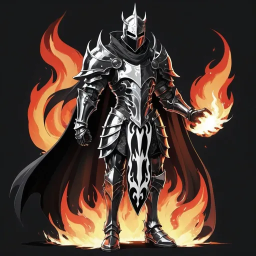 Prompt: Evil anime knight with black and white flame cape 