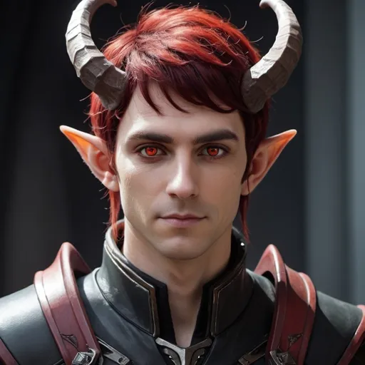 Prompt: Male elf Sci-fi protagonist with horns and red and black hair with amber eyes 