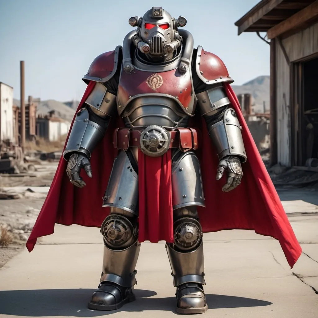 Prompt: Dieselpunk bulky fallout power armor with roman design with a crimson shoulder cape and crimson hooded helmet 