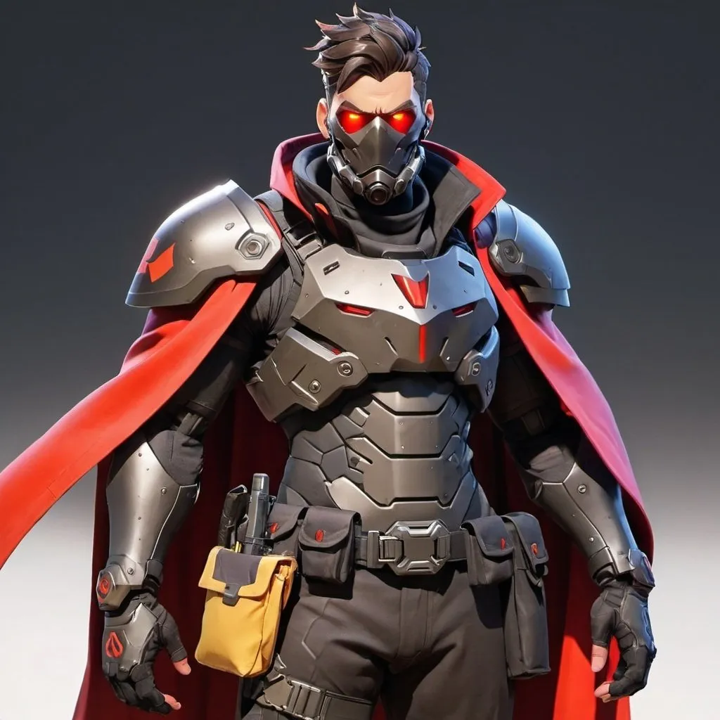 Prompt: Male overwatch soldier with Knight helmet in black and has a trench coat with a cape on the left shoulder and red eyes 