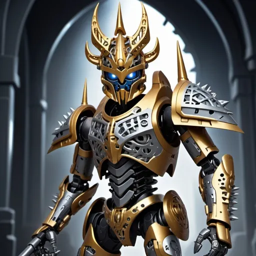 Prompt: Sci-fi Bionicle soldier with gothic design in gold and silver with a spiked crown 