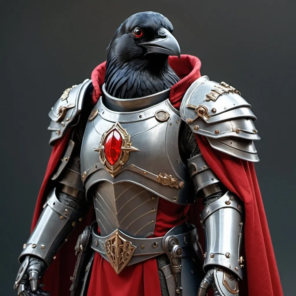 Prompt: Sci-fi male king with raven power armor with a Scarlet shoulder cape and knight helmet 