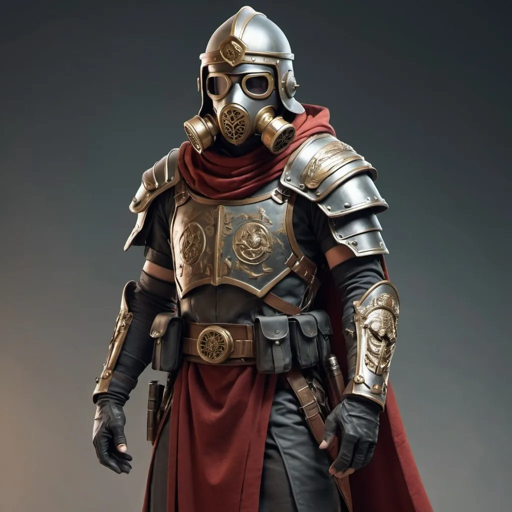 Prompt: Sci-fi mercenary with roman design and has shoulder cape wearing a Knight helmet with gas mask