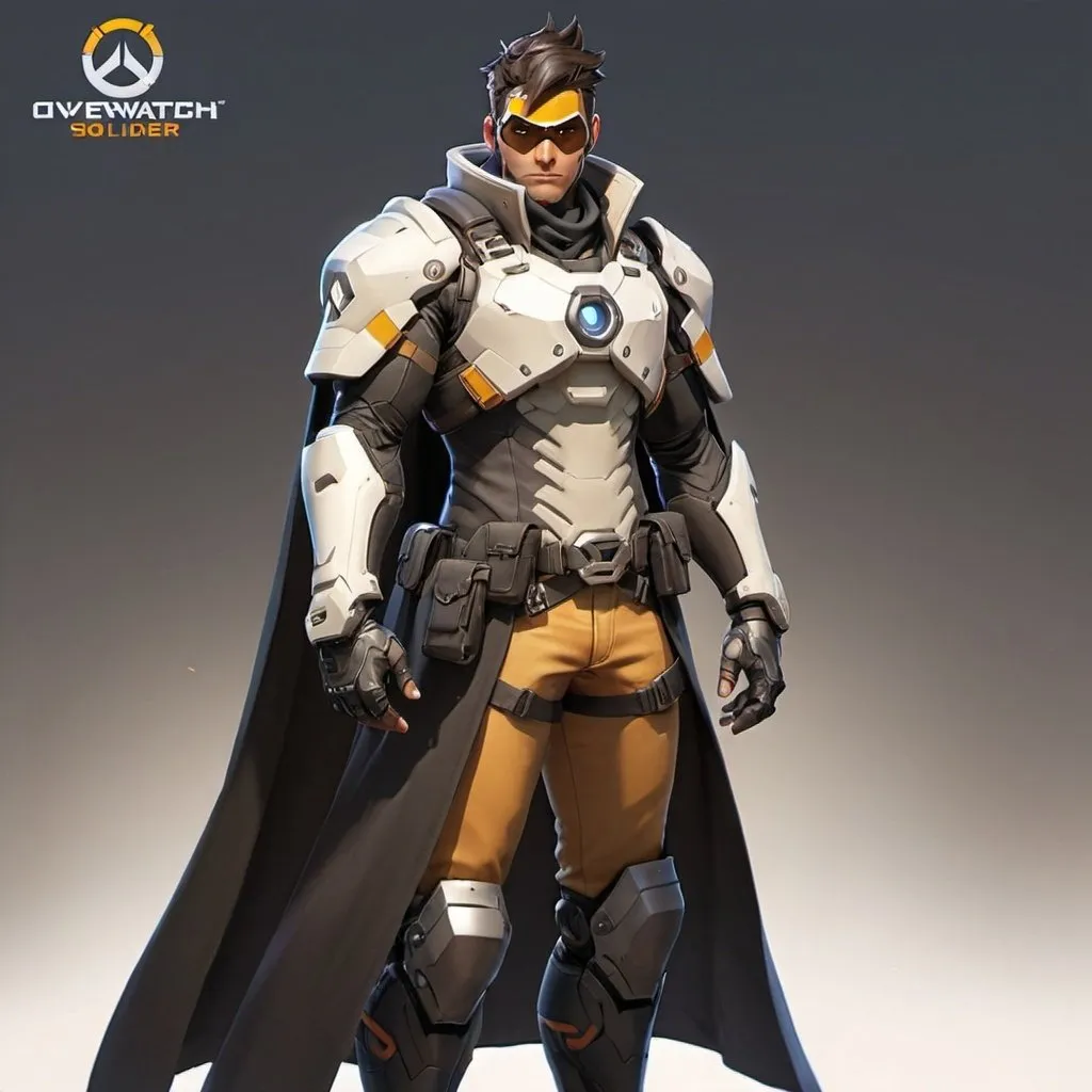 Prompt: Male overwatch soldier with Knight helmet in black and has a trench coat with a cape on the left shoulder 