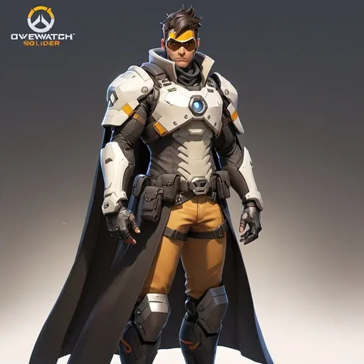 Prompt: Male overwatch soldier with Knight helmet in black and has a trench coat with a cape on the left shoulder 